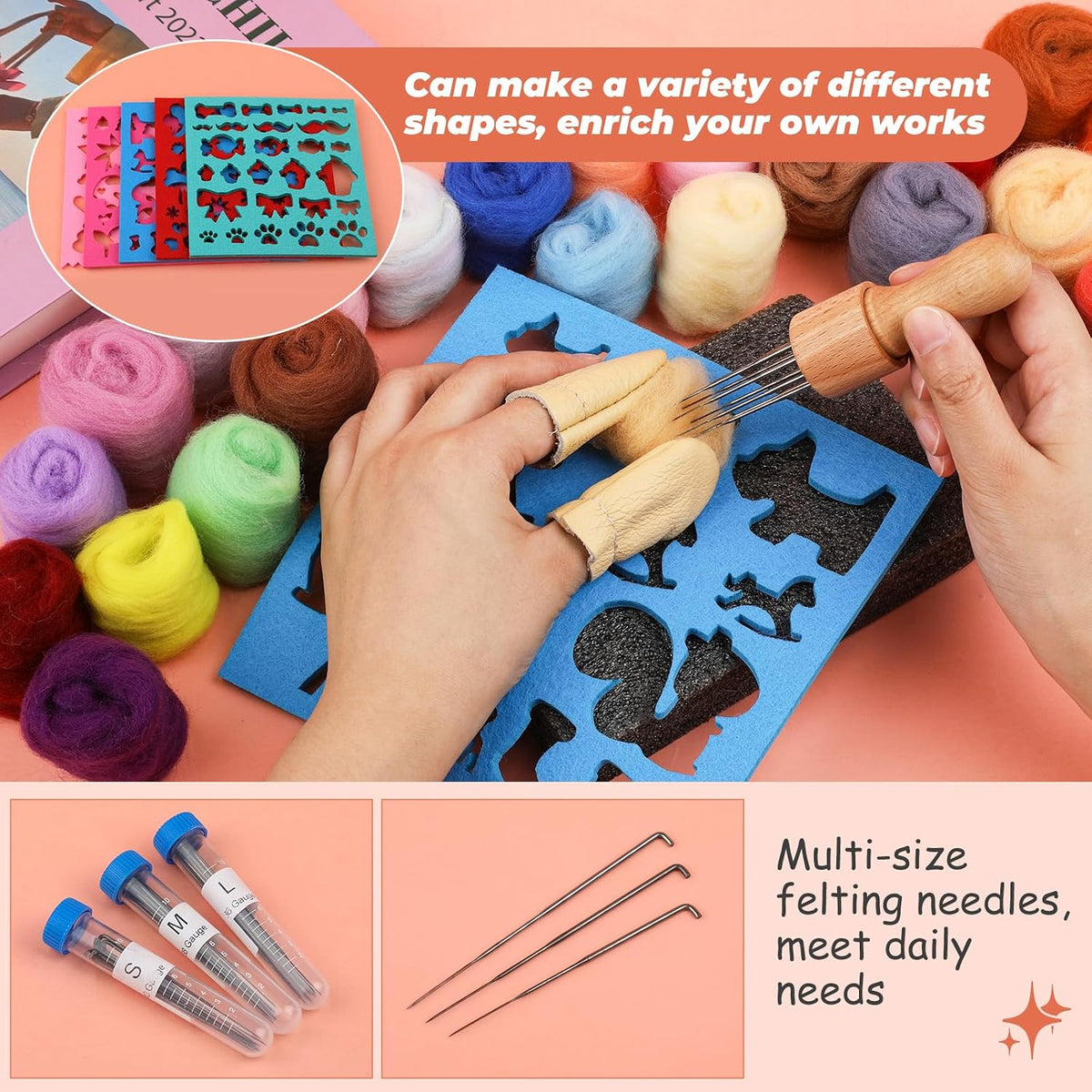 QMNNMA 241 Pcs Needle Felting Kit, 50 Colors Wool Felting Kit for Beginners