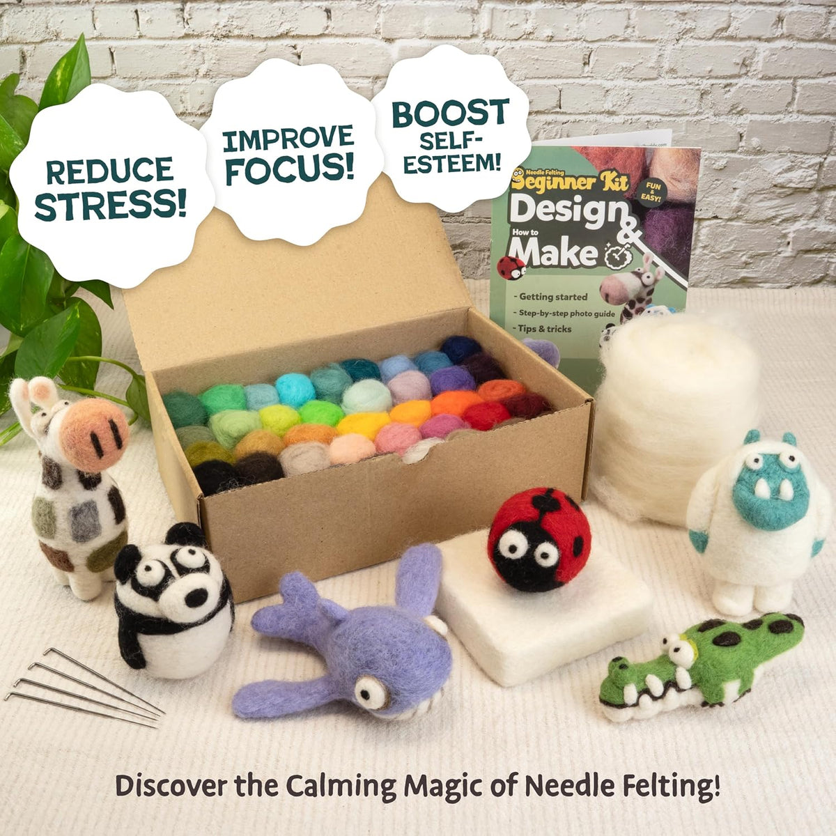 Woolbuddy Needle Felting Kit Beginner Set, 40 Colors, White Core Wool, Tool