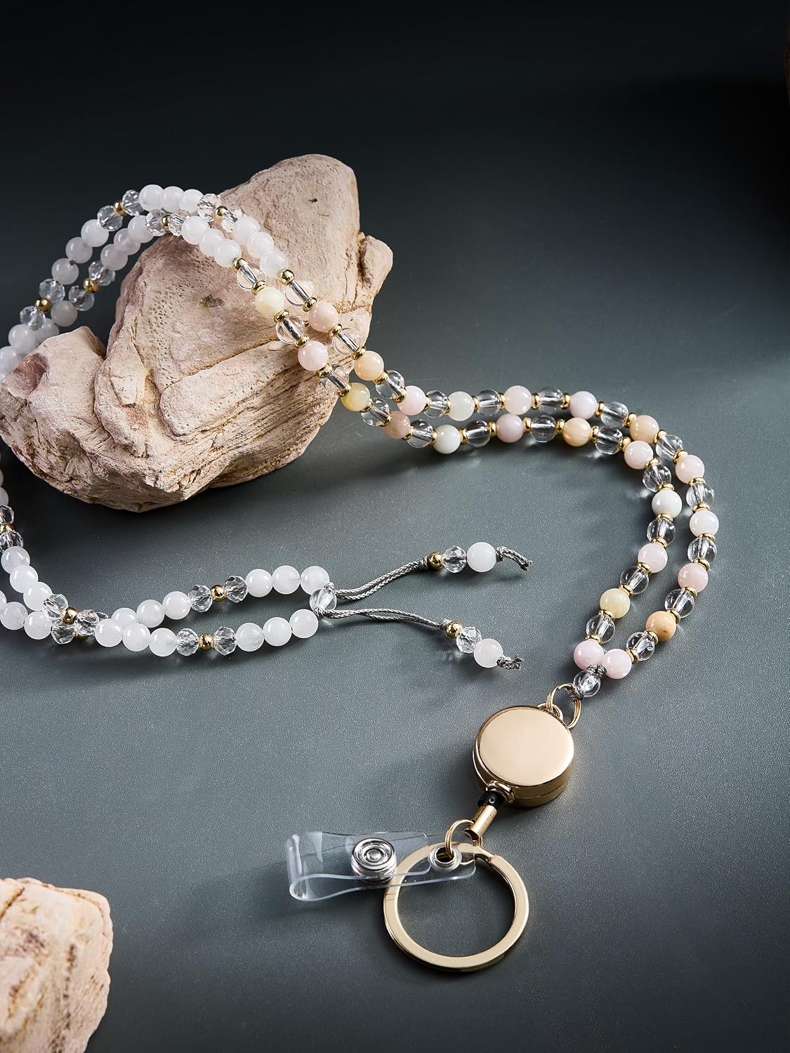 Natural Stone Beaded Lanyards for ID Badges and Keys, Morganite