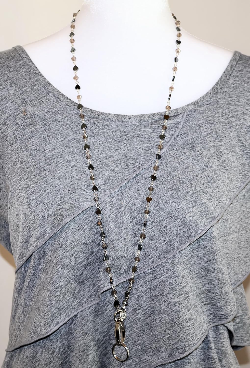 Hidden Hollow Beads Hematite & Crystal Chain Lanyards for ID Card Badge Holder 34", USA Women Teacher Nurse Cruise Keys Cell Phone
