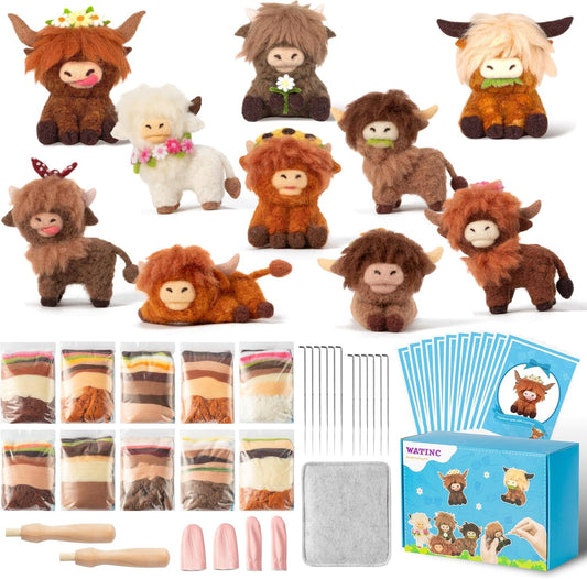 WATINC Highland Cow Needle Felting Kit - Set of 10 Different Highland Cow Doll Wool Felt Needle Felting Tools Foam Pad, DIY Home Decoration Needle Felting Craft Party Supplies for Beginners (30Pcs)
