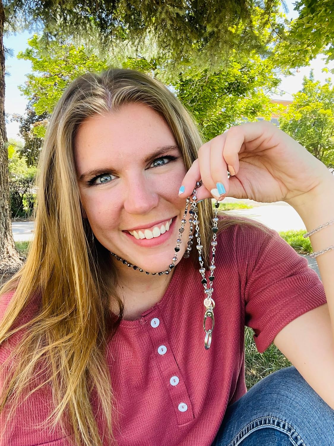 Hidden Hollow Beads Hematite & Crystal Chain Lanyards for ID Card Badge Holder 34", USA Women Teacher Nurse Cruise Keys Cell Phone