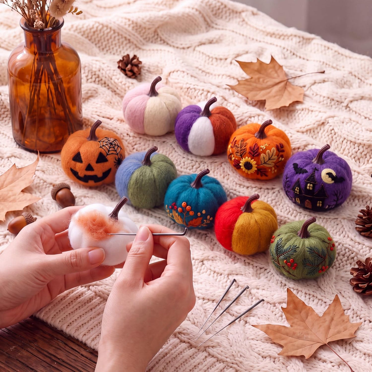 Frienda 16 Set Pumpkin Needle Felting Kits for Fall Halloween Thanksgiving